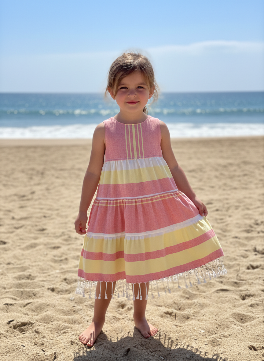 Young girl in a three tiered coral, white, and yellow striped dress with tassels standing on a sandy beach with ocean in the background.