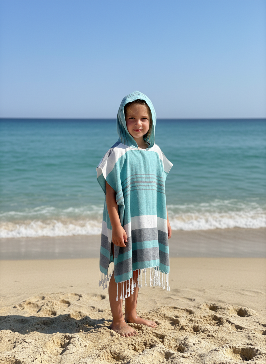Child wearing a hooded poncho on a beach with ocean in the background