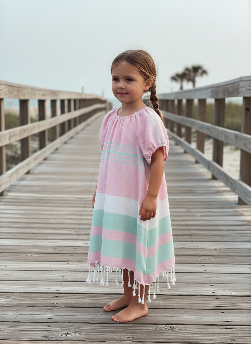 Young girl in a pink, mint and white striped dress with tassels standing on a wooden boardwalk.
