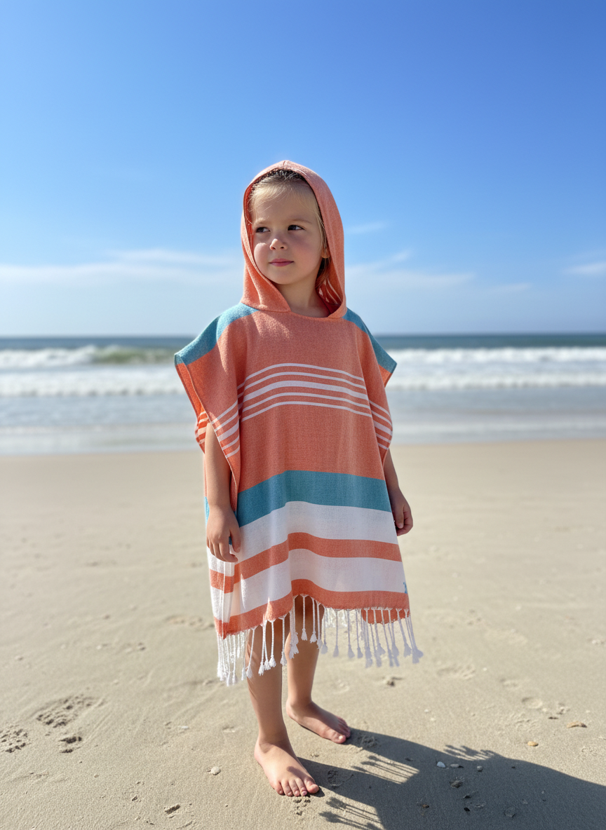 Child wearing a white, teal, and orange striped hooded poncho on a beach with ocean and sky in the background