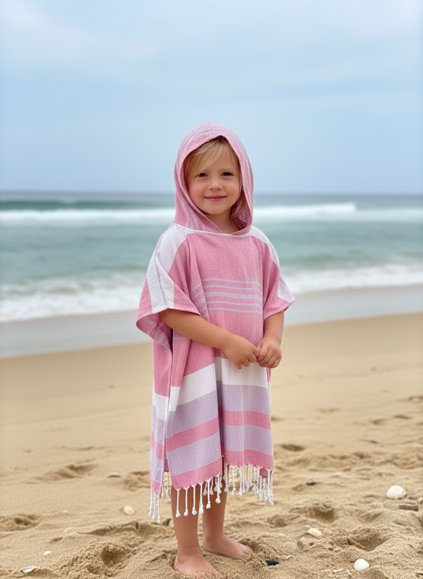 Child wearing a pink and white hooded poncho with tassels on a beach
