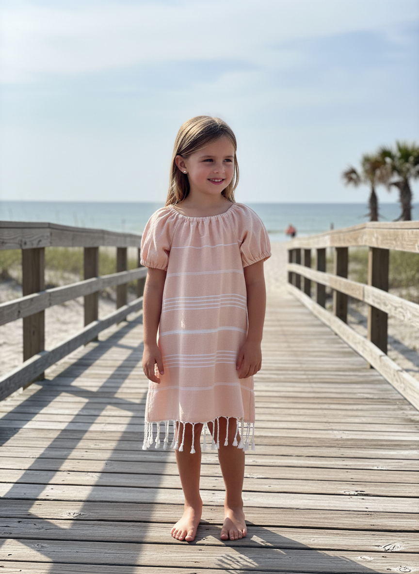 Young girl in a peach dress with white stripes and white tassels standing on a wooden boardwalk by the beach.
